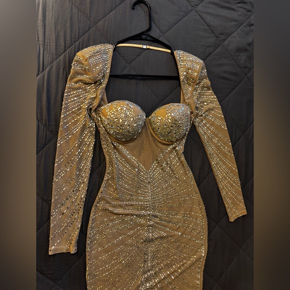 Fashion Nova Sheer Bedazzled Long Sleeve Gown Caught Your Attention Embellished - Picture 9 of 16